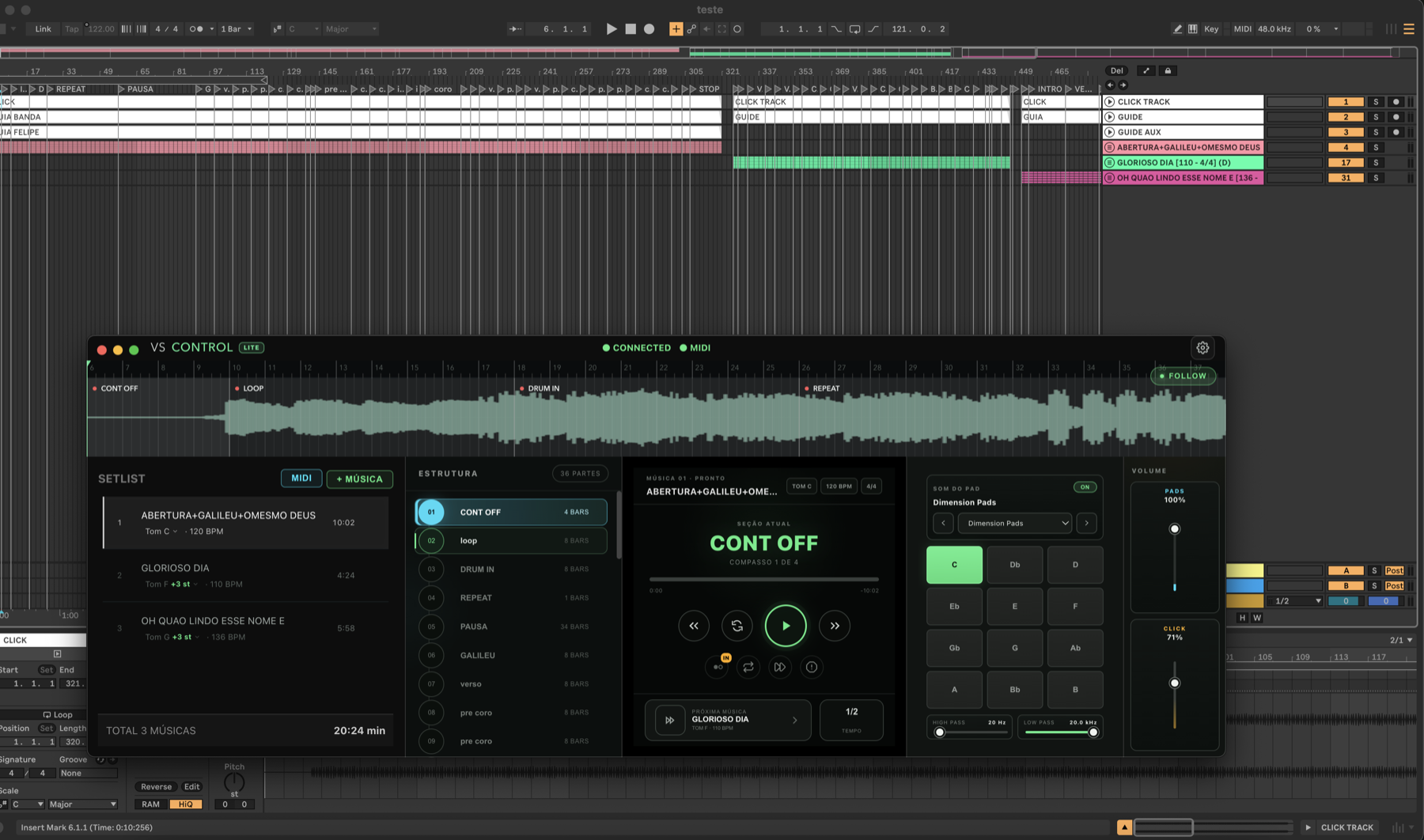 VS Control Lite aberto sobre o Ableton Live