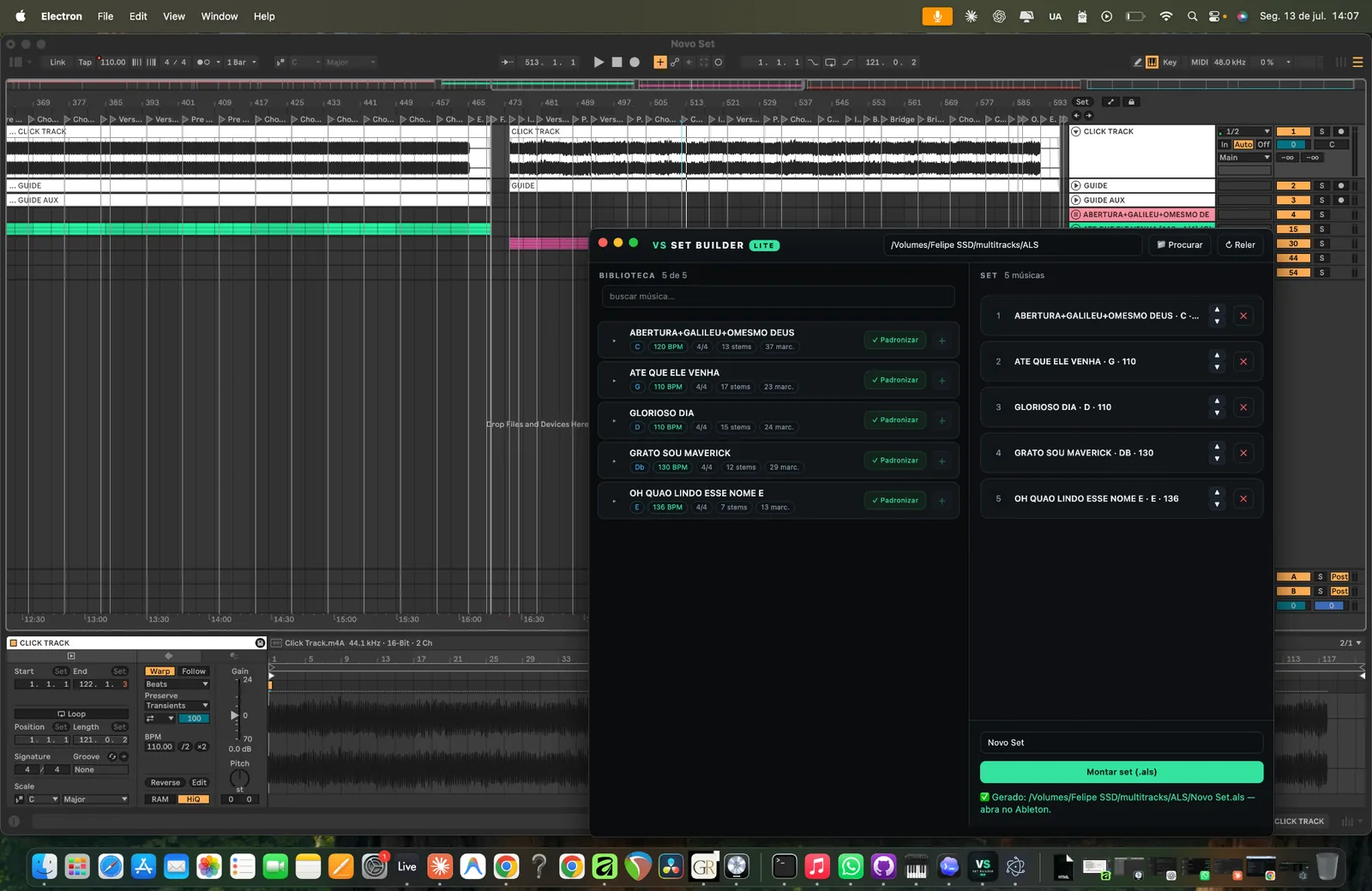 VS Set Builder montando um set para Ableton Live